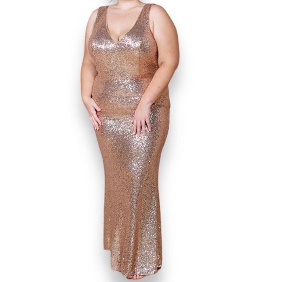 Revelry Dakota Rose Gold Sequin Gown V Neck Draped Scoop Open Back Women 16 - Picture 2 of 16